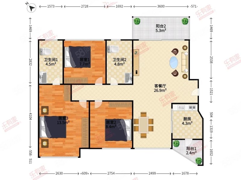 中骏四季阳光二期3室2厅2卫88.95㎡南北0万