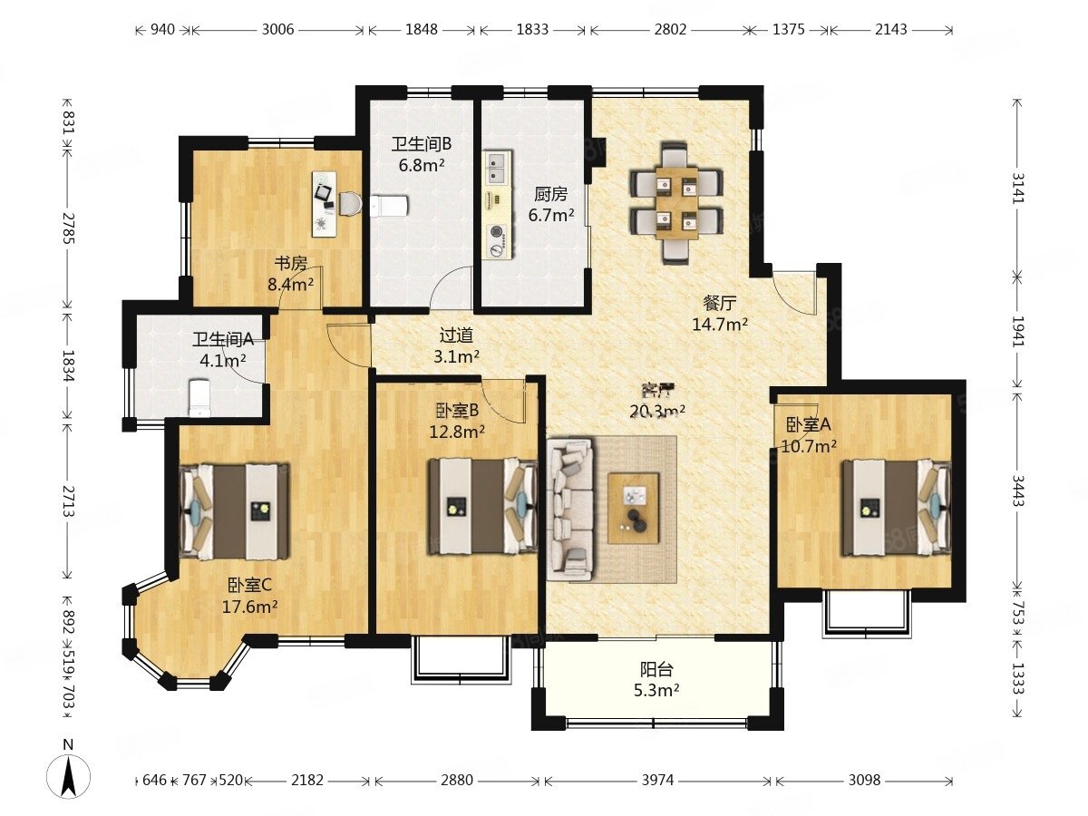 华钜御庭(二期公寓住宅)4室2厅2卫147.48㎡南北600万