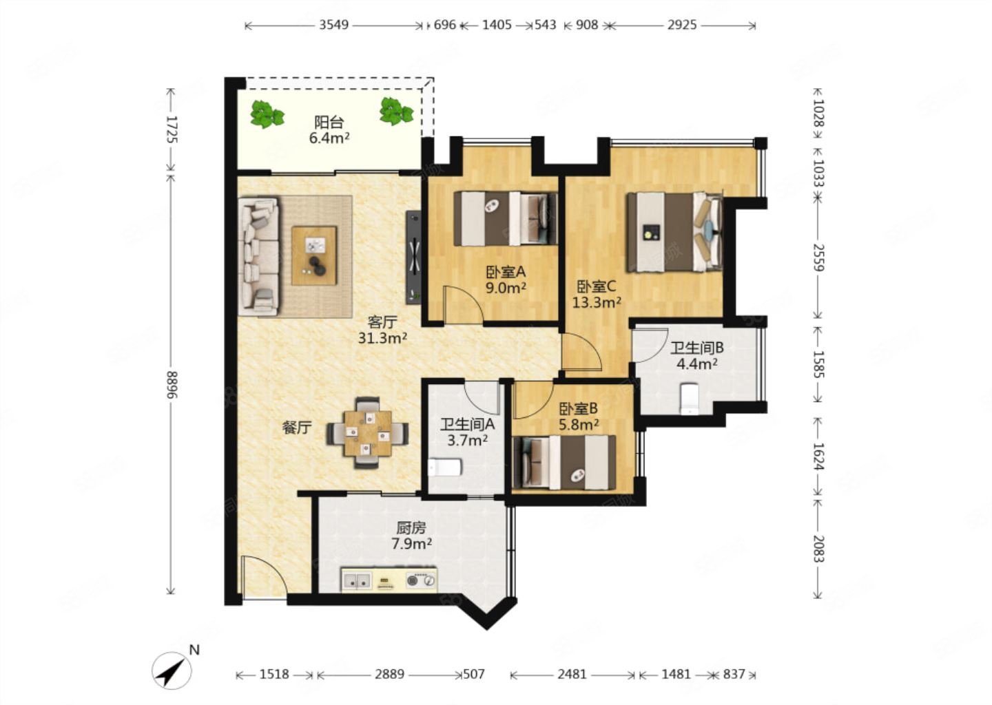 誉峯名门3室2厅2卫98.69㎡南北105万