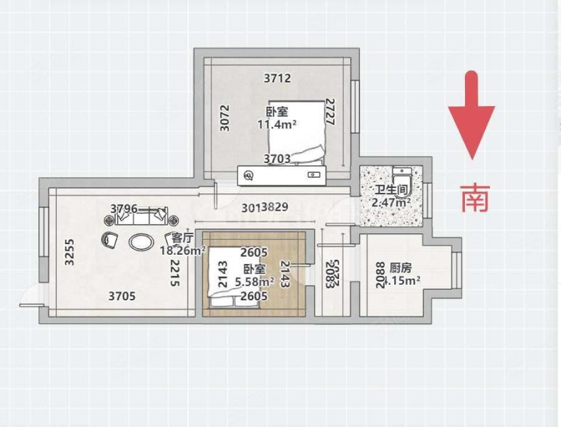 一米厂西院2室1厅1卫60㎡南北52万