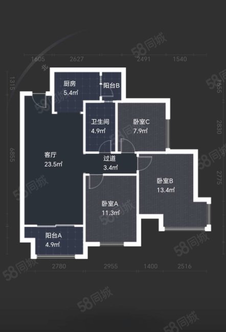 绿地468公馆二期3室2厅1卫89.49㎡西215万