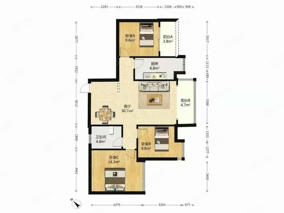 时代玫瑰园3室2厅1卫98.85㎡南北430万