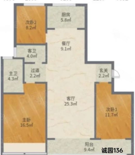 百合新城诚园3室2厅2卫137㎡南北125万