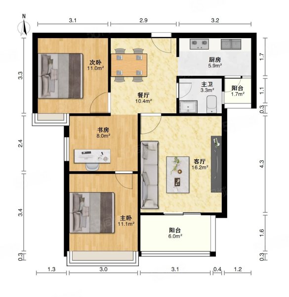 中建开元公馆3室2厅1卫90.28㎡南北170万