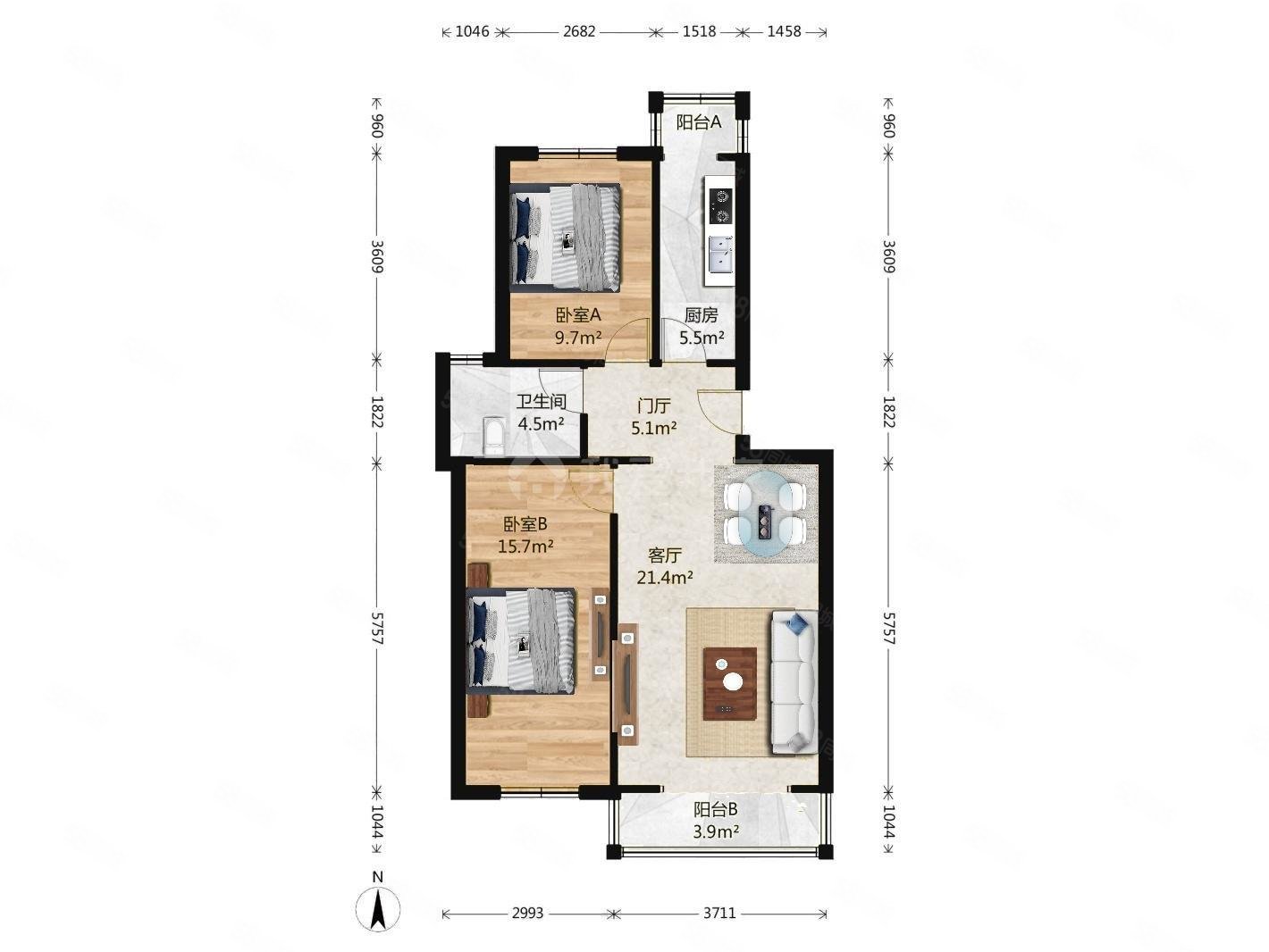 映翠居小區(qū)2室1廳1衛(wèi)91.63㎡南北218萬