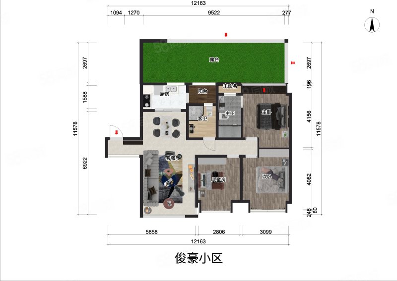 俊豪小区3室2厅2卫96㎡南138万