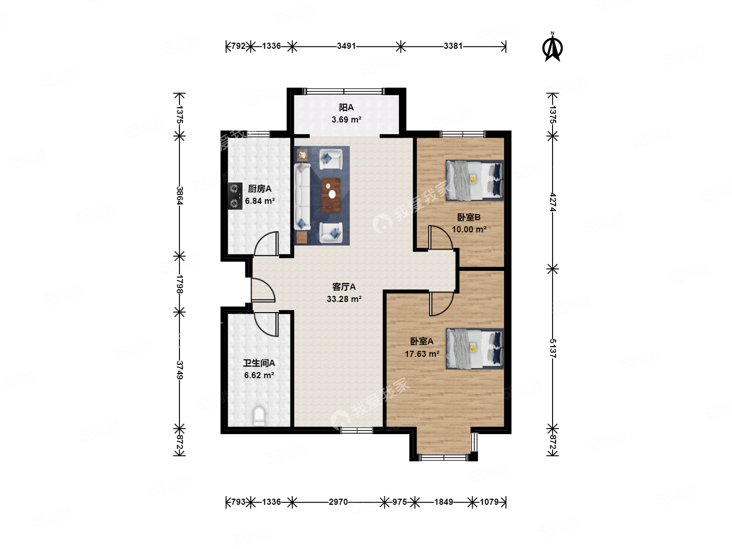 中冶藍(lán)城(東區(qū))2室1廳1衛(wèi)86.91㎡南北125萬