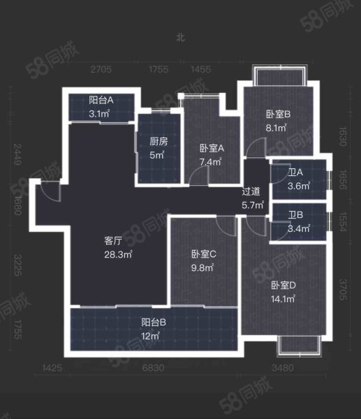 滨江一号4室2厅2卫126.28㎡南北96万