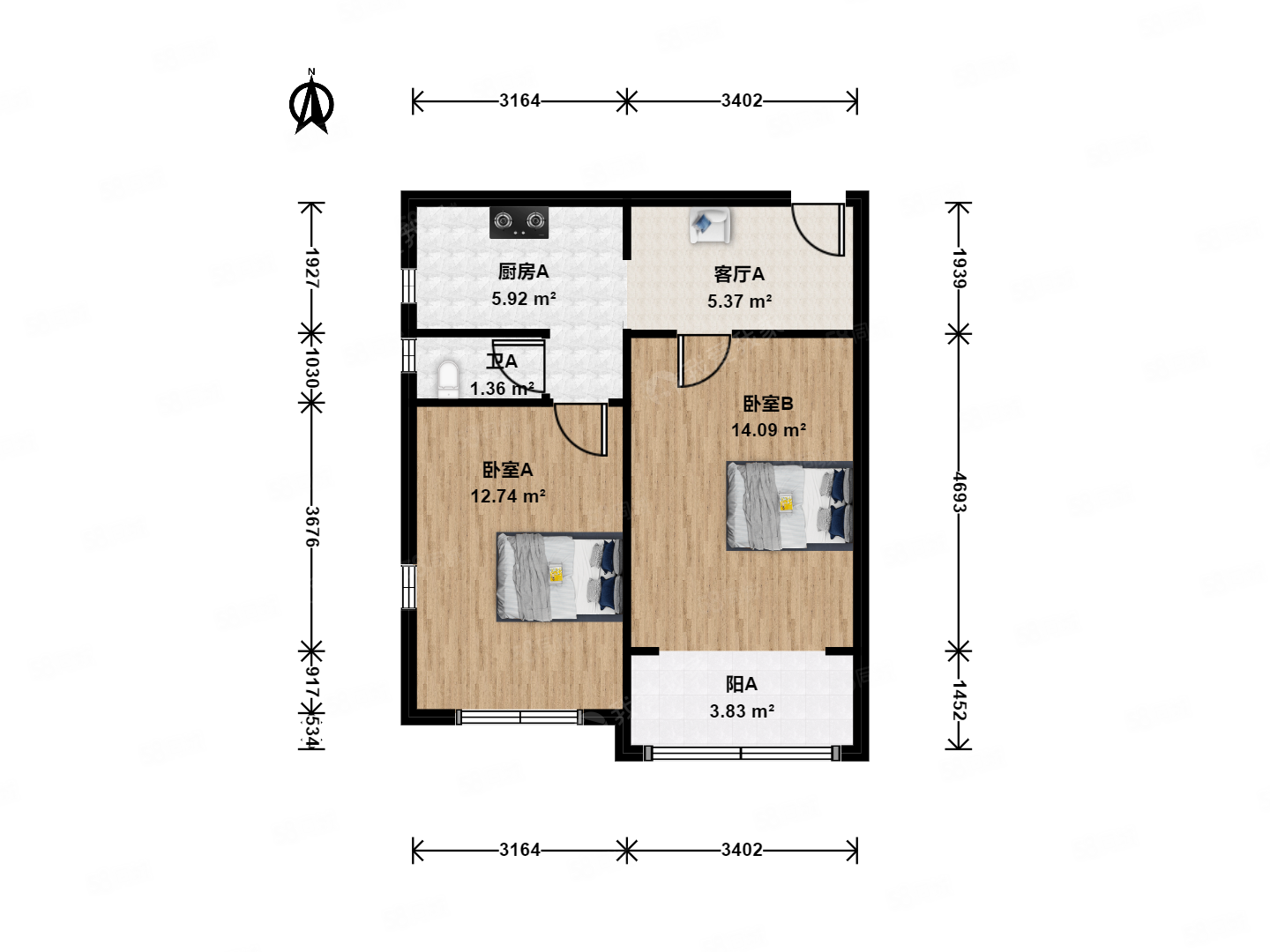 南郎家園2室1廳1衛(wèi)56.57㎡南350萬