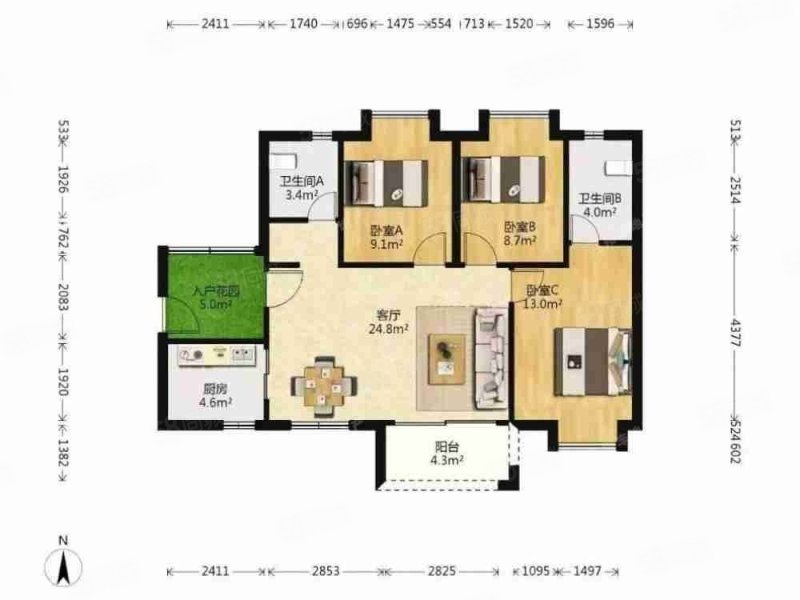 保利学府里3室2厅2卫93.78㎡南455万