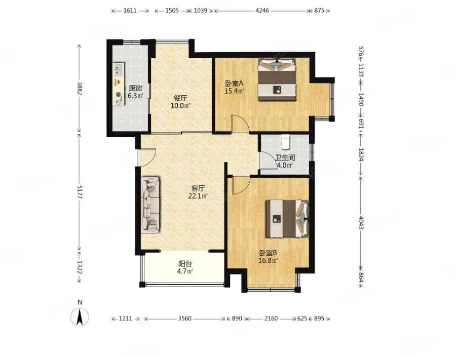 美林湾2室2厅1卫97㎡南北140万