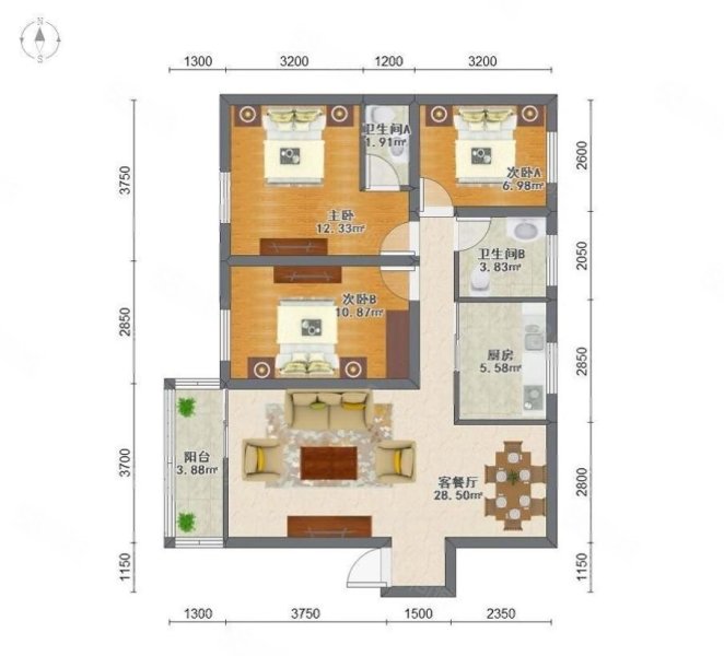 鸿新花园3室2厅2卫105㎡南305万