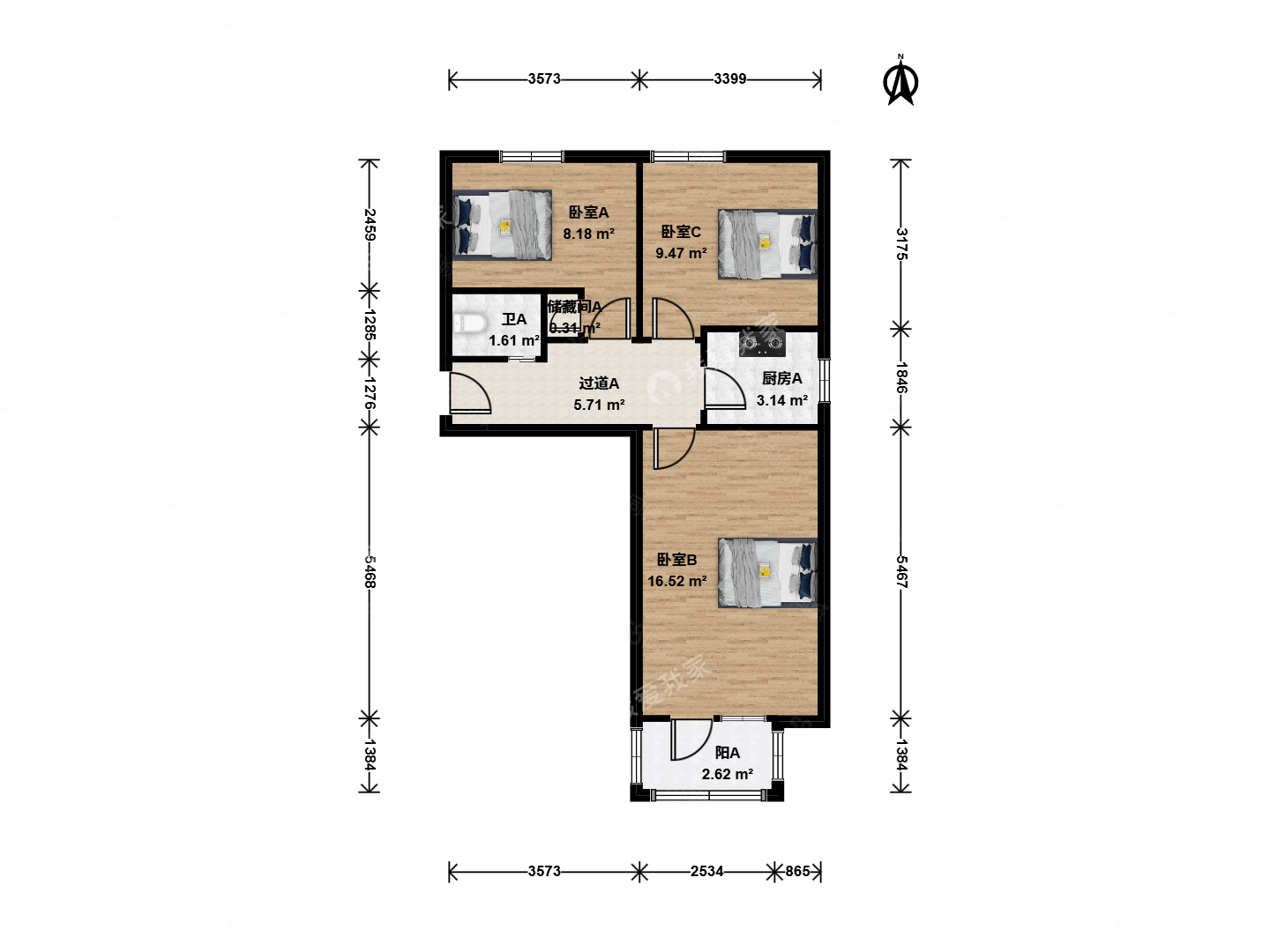 二一八社區(qū)3室0廳1衛(wèi)53.91㎡南北395萬
