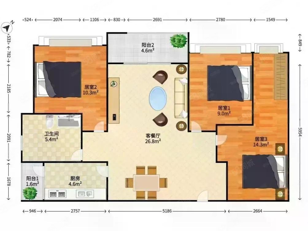 万家花园3室2厅2卫115㎡南北57万