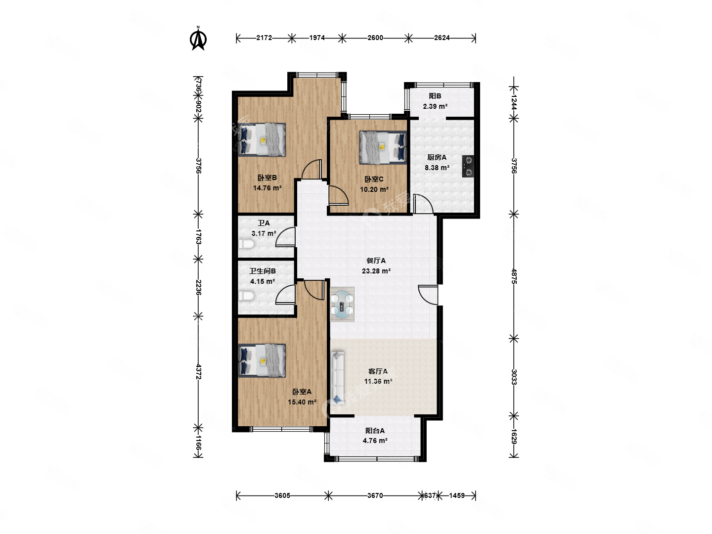柳岸方園3室2廳2衛(wèi)128.45㎡南北549萬