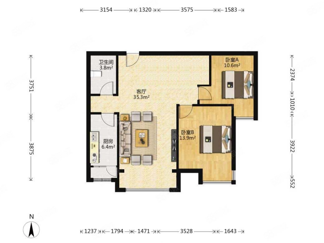 珠光御景2室2厅1卫89㎡南100万