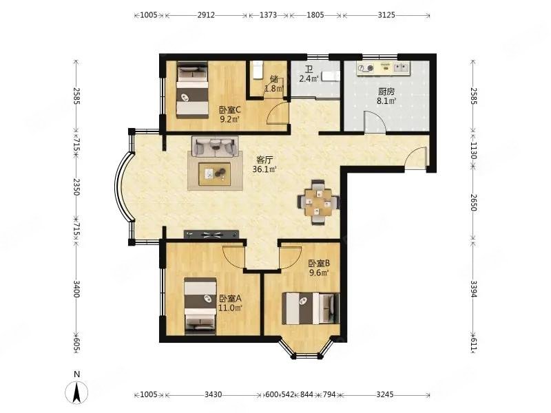 鸿生花园3室2厅2卫91.65㎡西南170万