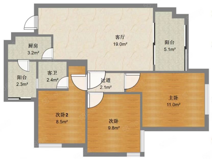 邦泰中心3室2厅2卫84.3㎡南北67.8万