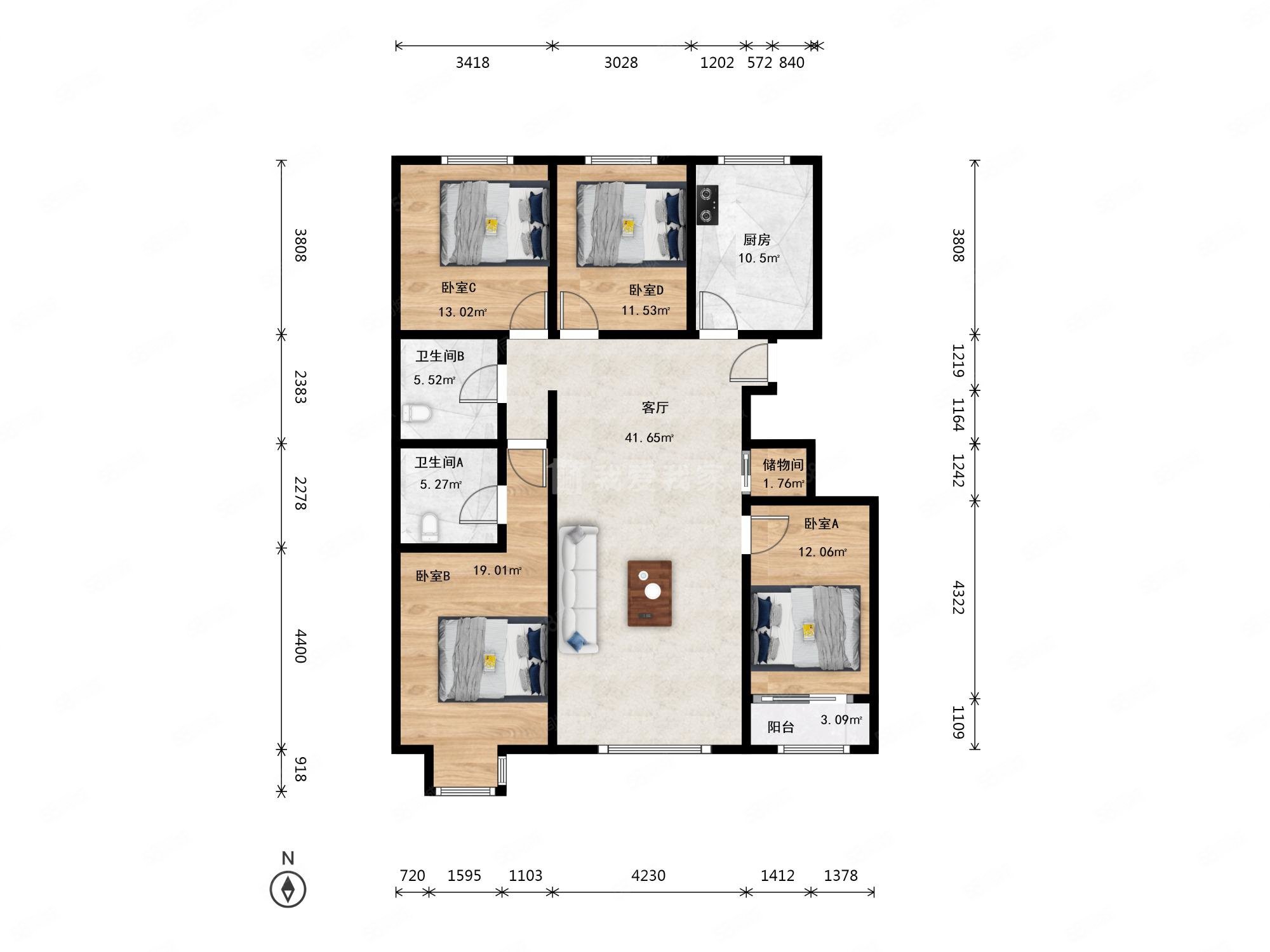 馬可匯4室1廳2衛(wèi)161.36㎡南北350萬