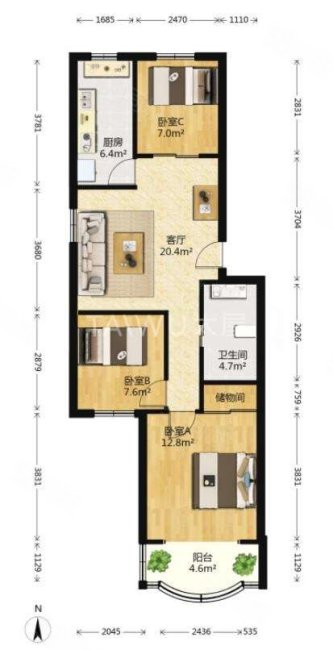 黎金苑2室2厅1卫84㎡南北499万