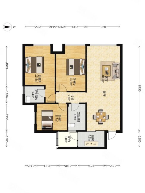 蓝润ISC3室2厅2卫99㎡南北220万