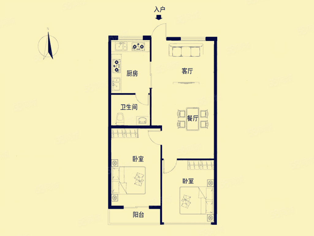 梦茵园2室2厅1卫68.81㎡南北125万