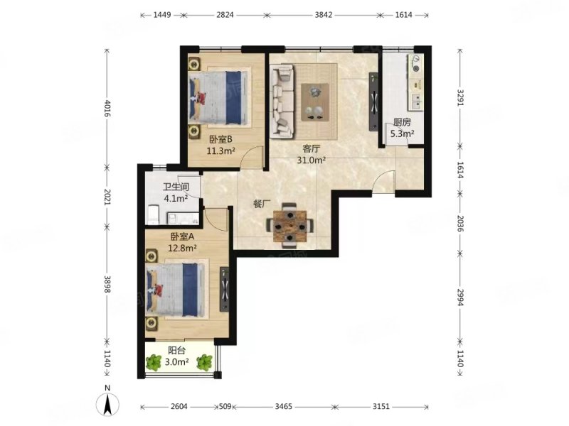 天和嘉园2室2厅1卫90.36㎡南北340万