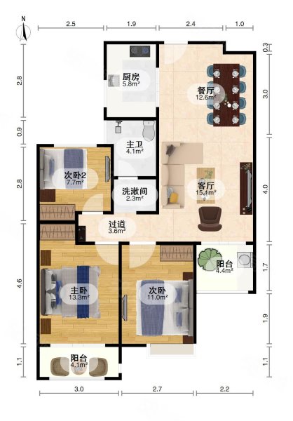 保利时代(北区)3室2厅1卫104.99㎡南北192万