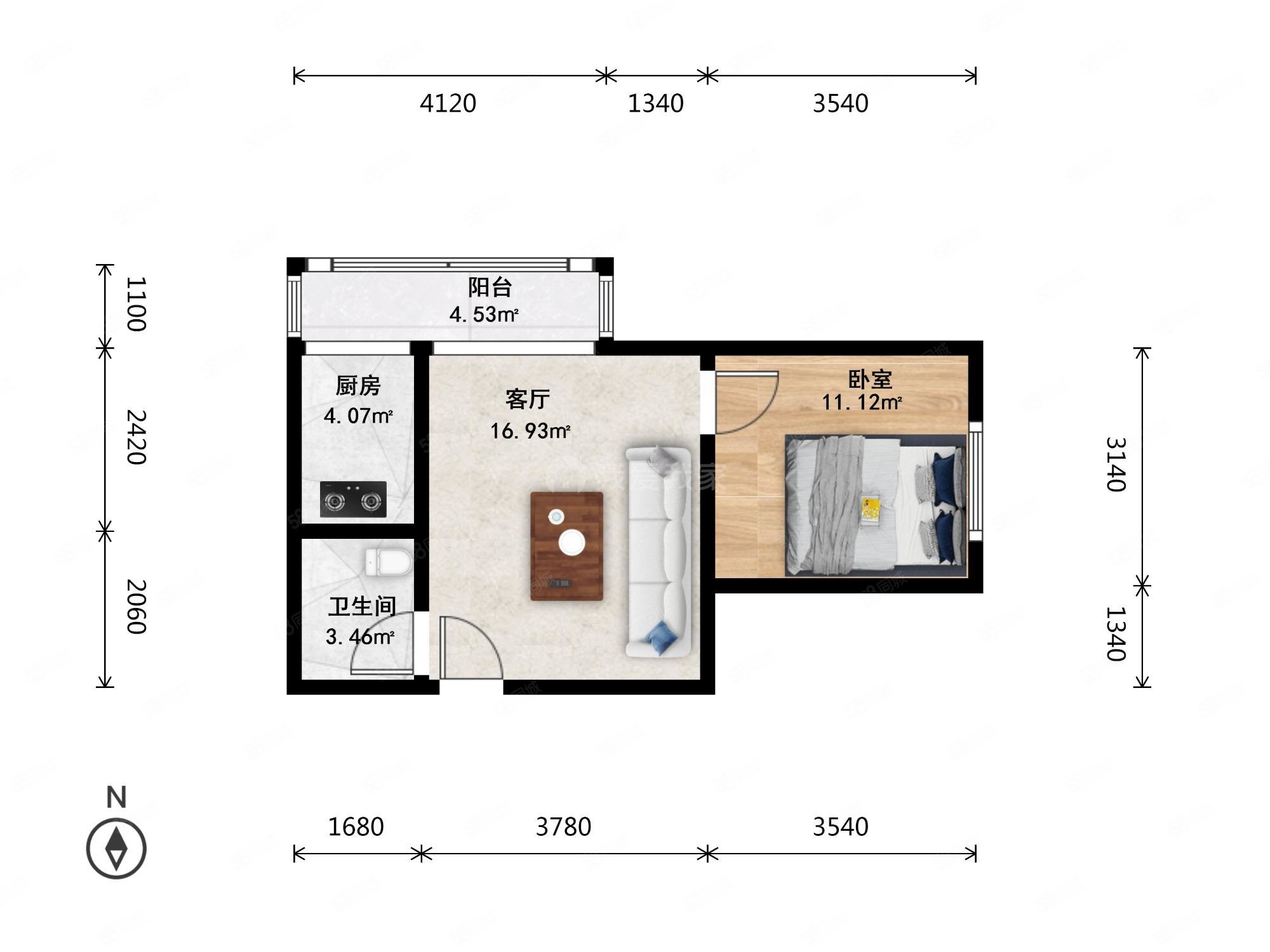 葵花社1室1厅1卫59.37㎡东北254万