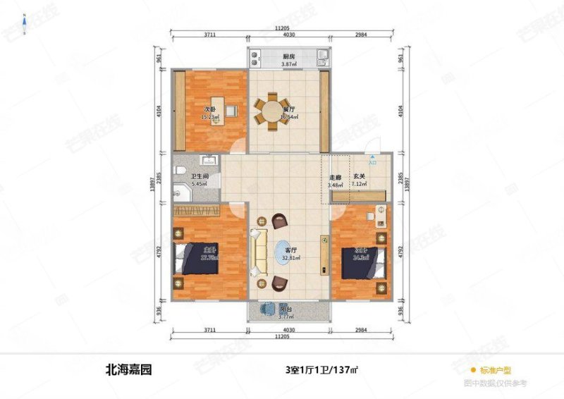 北海嘉园3室2厅1卫137.48㎡南北121万