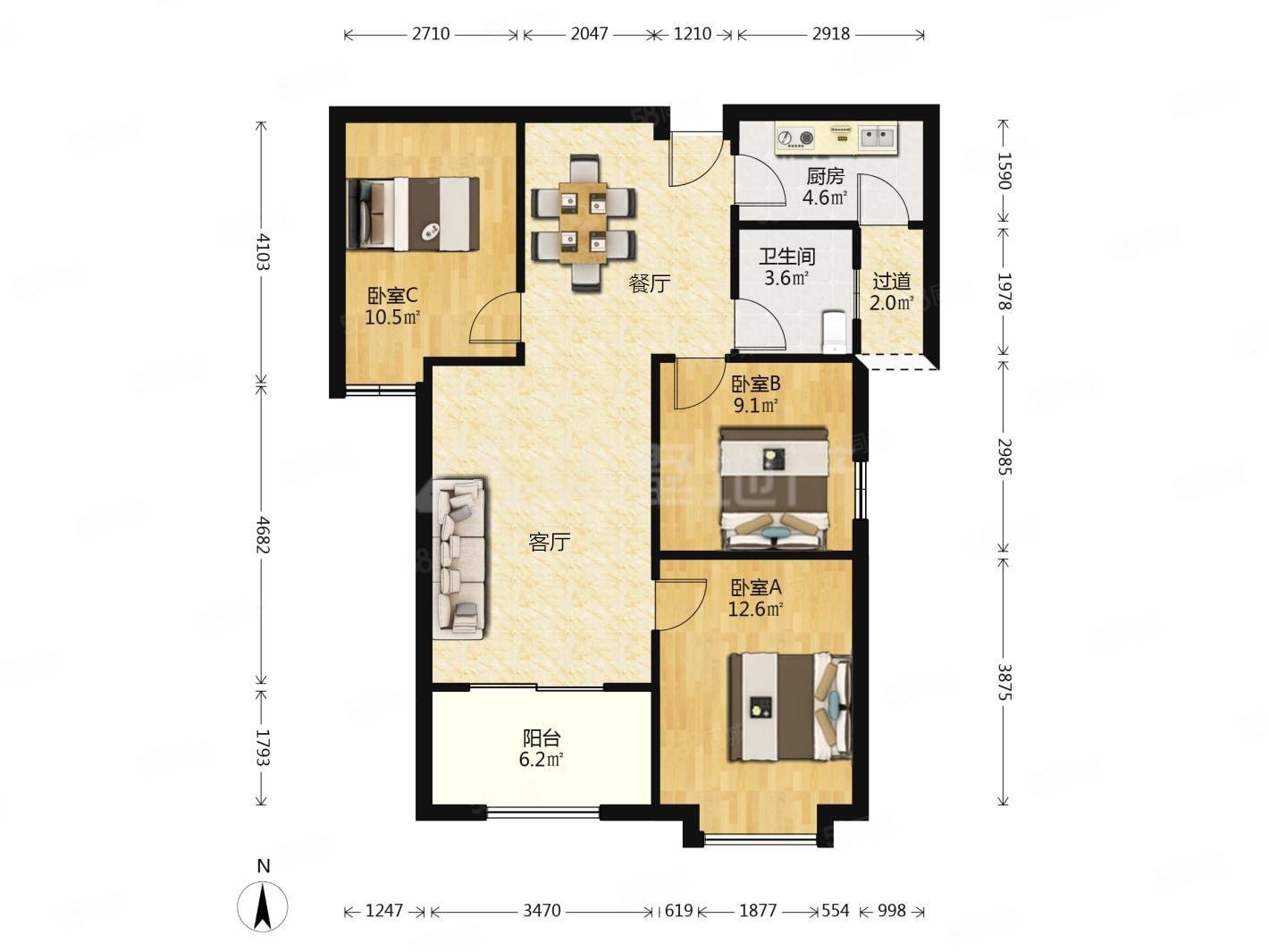 东紫园3室2厅1卫99㎡南北88万