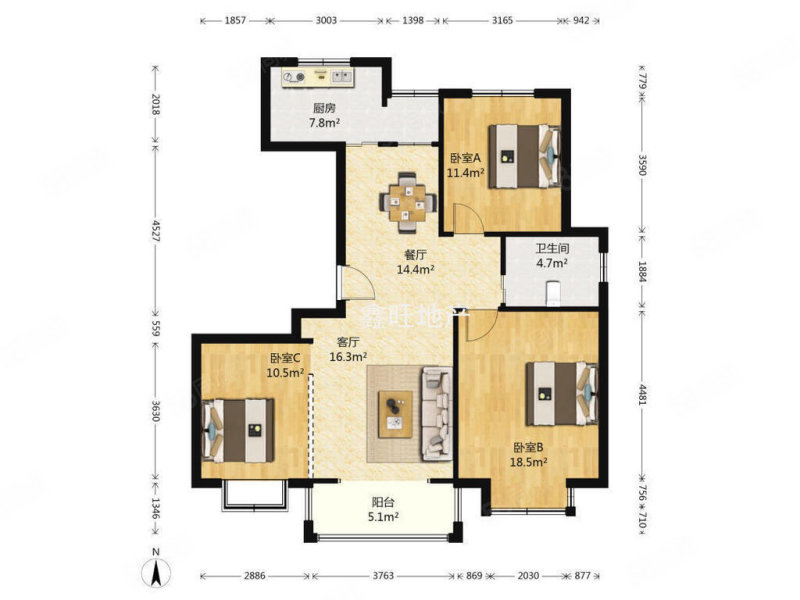 康裕欣苑3室2厅2卫112.3㎡南北490万