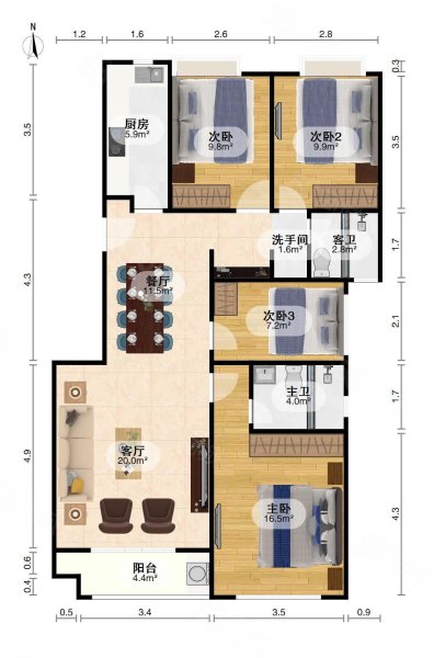 绿地国际理想城(五期)4室2厅2卫120.29㎡南北223万