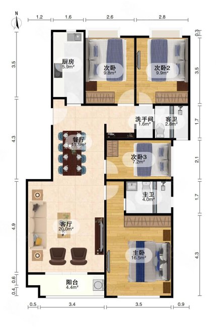 绿地国际理想城(五期)4室2厅2卫120.29㎡南北223万