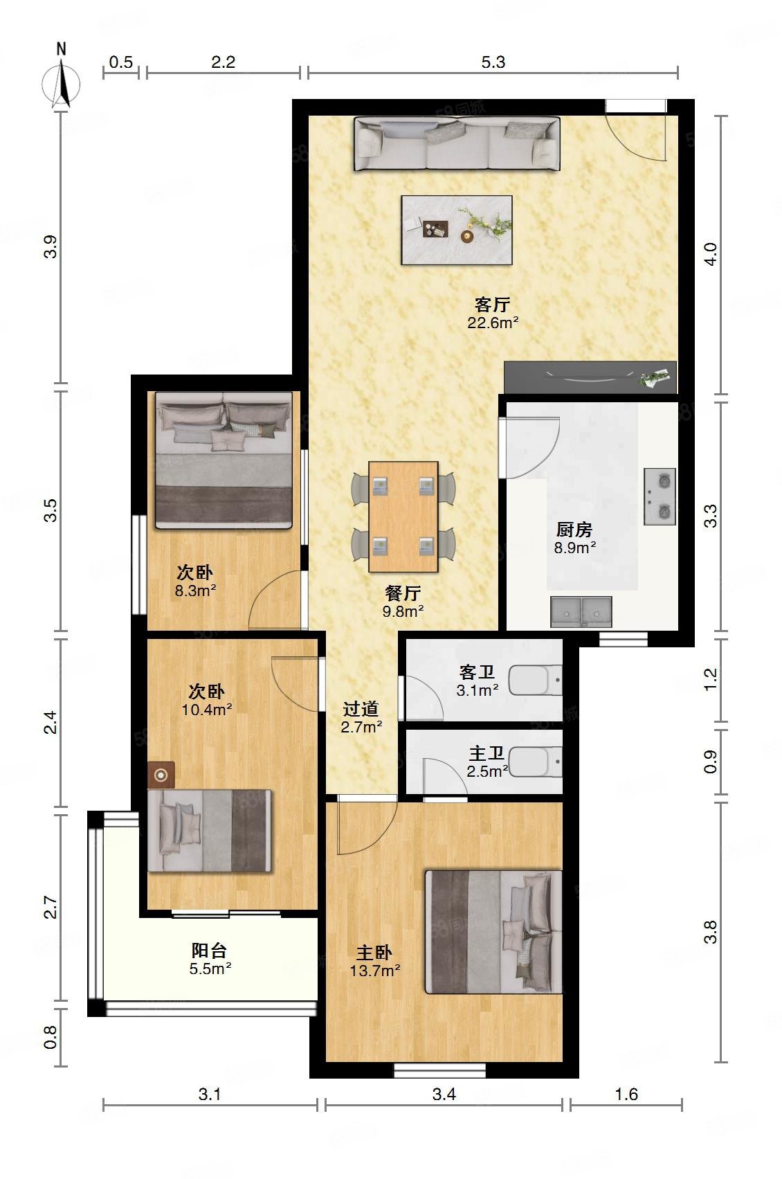 育新路住宅楼3室1厅2卫95㎡南北104万