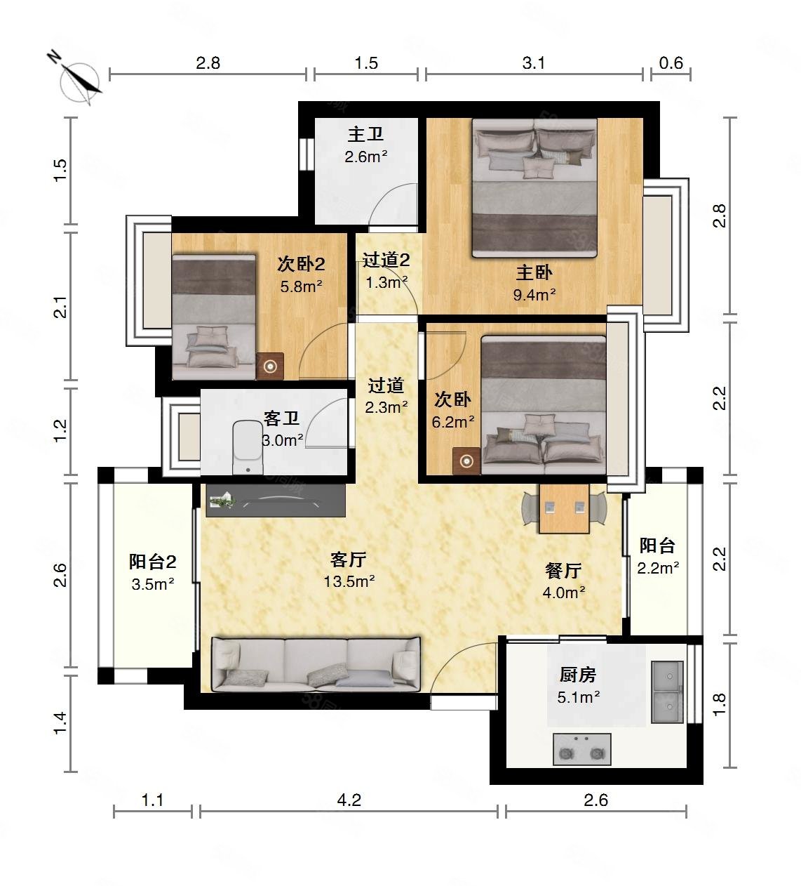 金名都3室2厅2卫89.52㎡南北165万