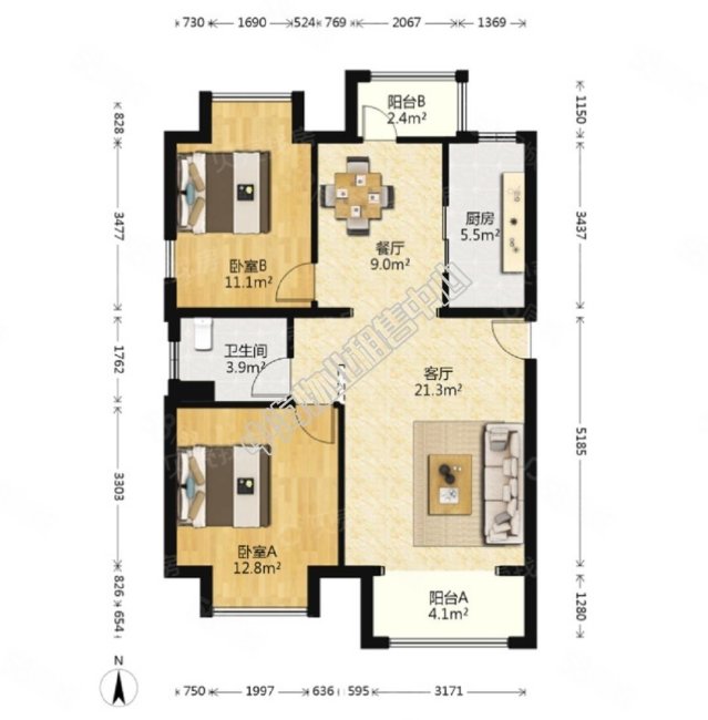 中海紫御公馆2室2厅1卫92㎡南北1250万