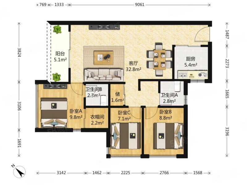 万科公园里3室2厅2卫86.74㎡南385万