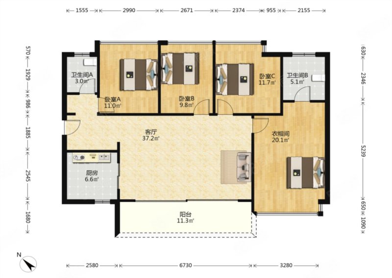 时代天境雅苑4室2厅2卫140.44㎡南北460万