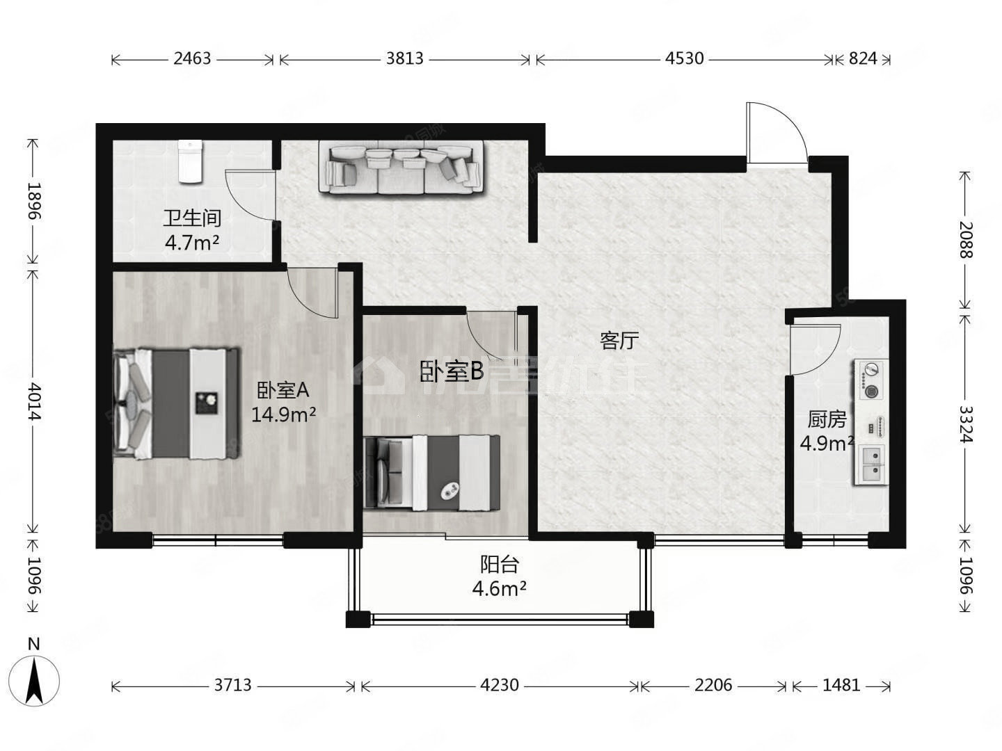 名仕银航小区2室2厅1卫79㎡西74万