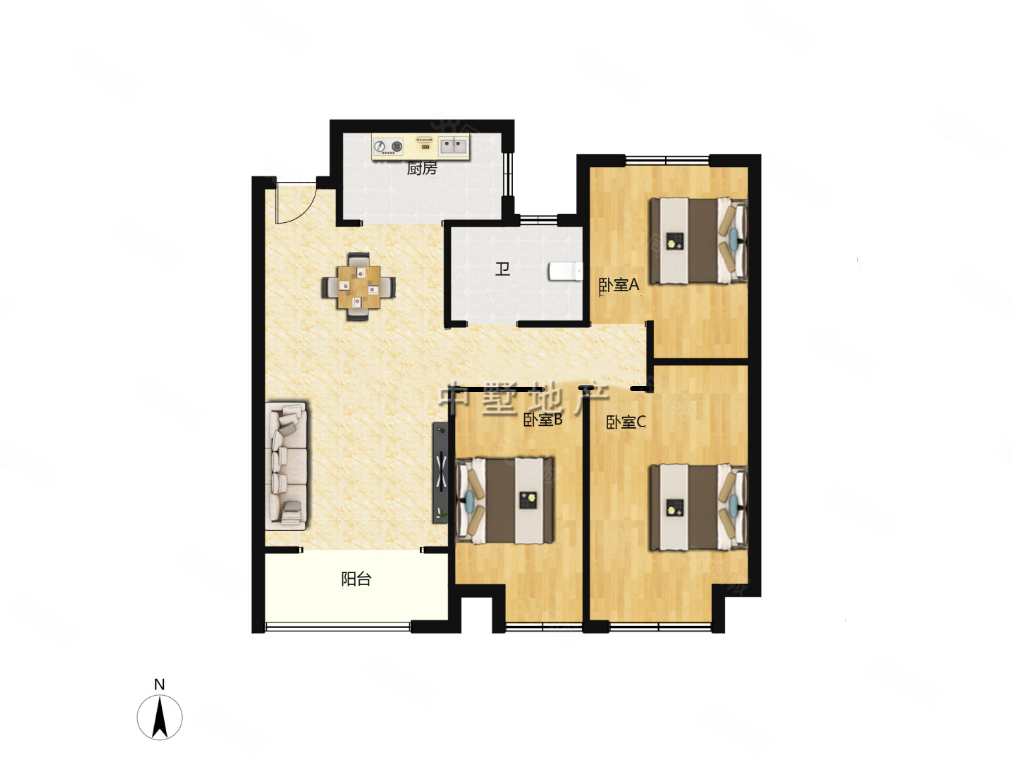 万达华府3室2厅1卫98㎡南北168万