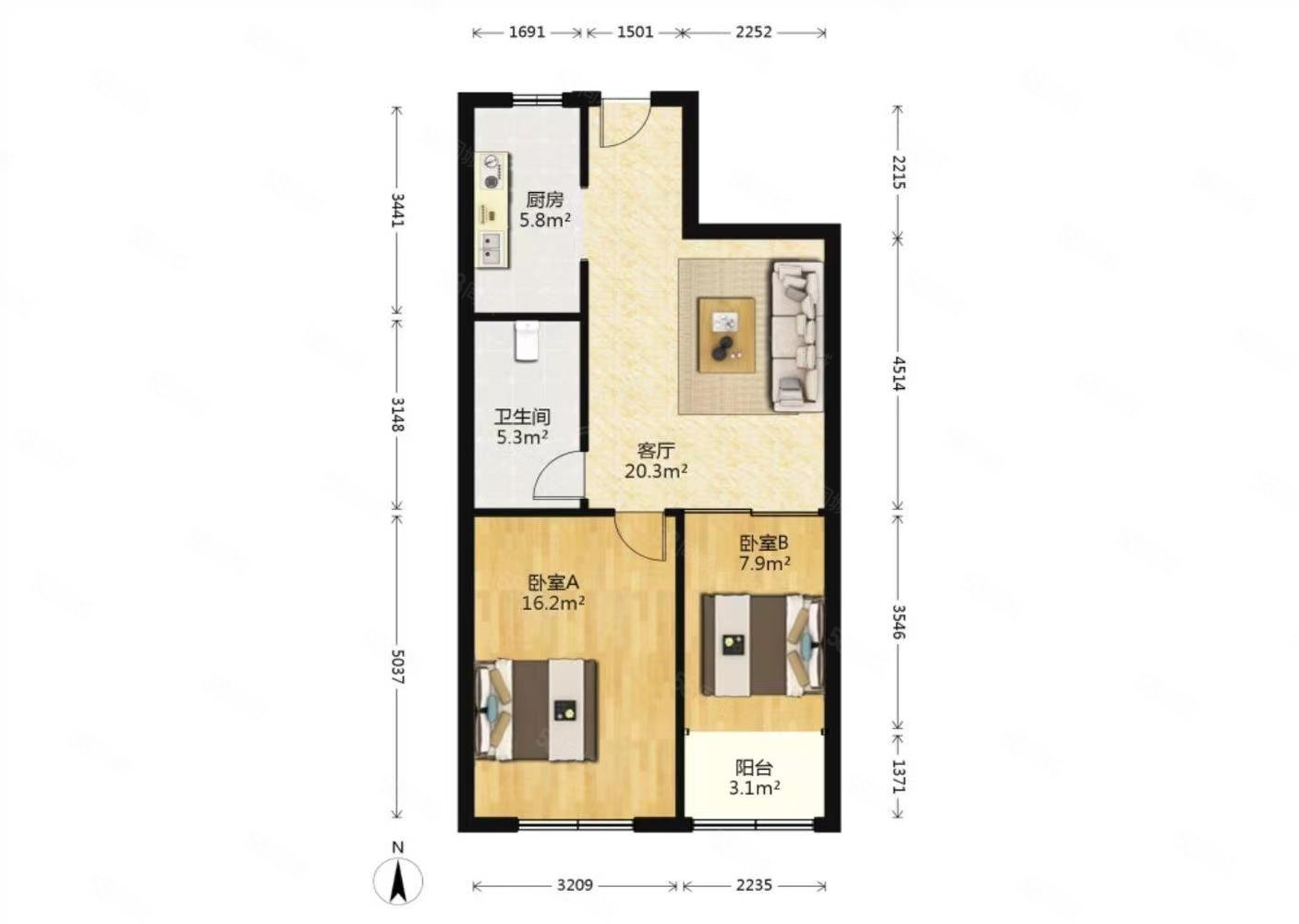 十五大街A区(尖山路)2室1厅1卫75.52㎡南北143万