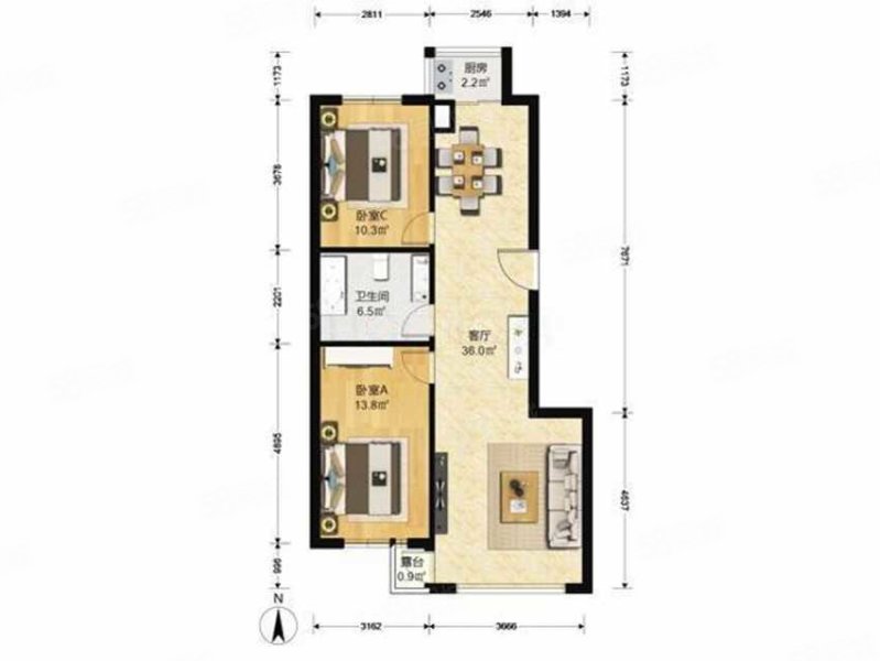 山海一家2室2厅1卫95.96㎡南北105万