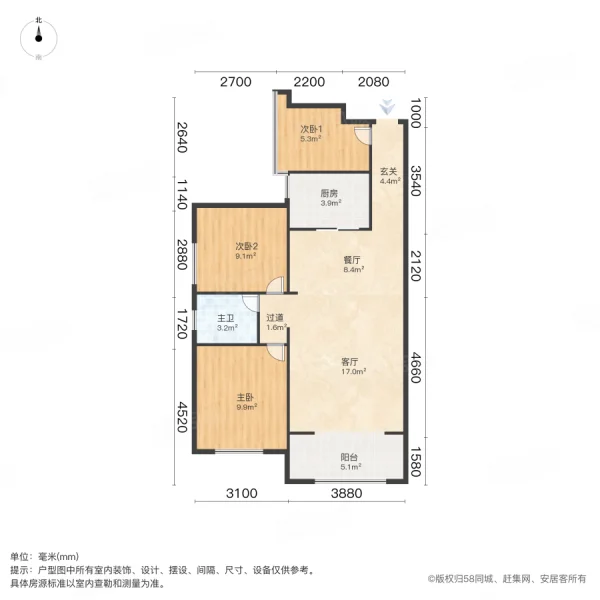 山与墅3室2厅1卫76.43㎡南68万