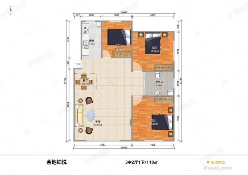 金地铂悦3室2厅1卫118㎡南北108万