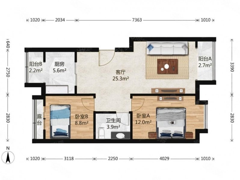 万芳园一区(万年花城二期)2室1厅1卫82.55㎡南北555万