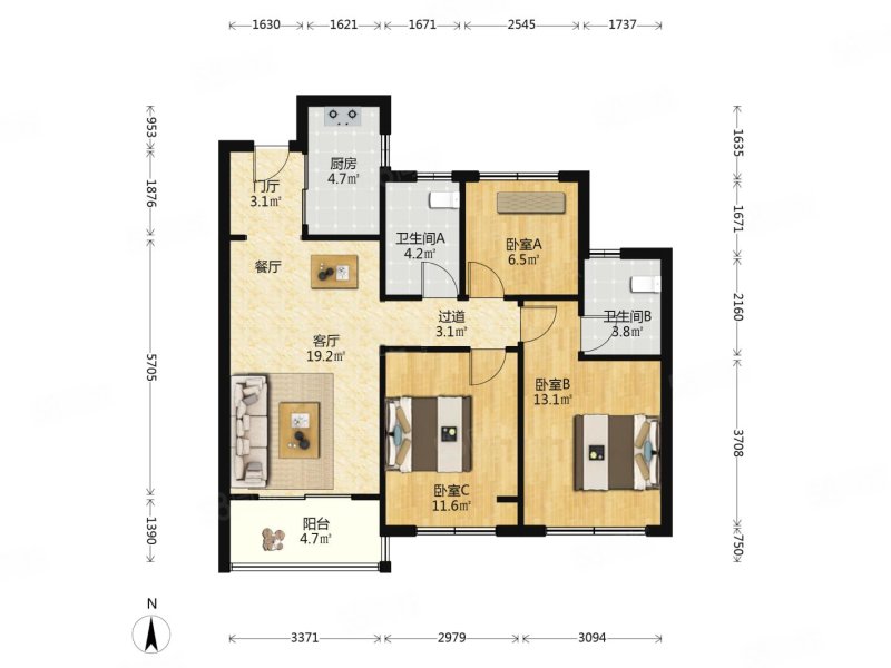 万科融信西雅图3室2厅2卫89.45㎡南360万