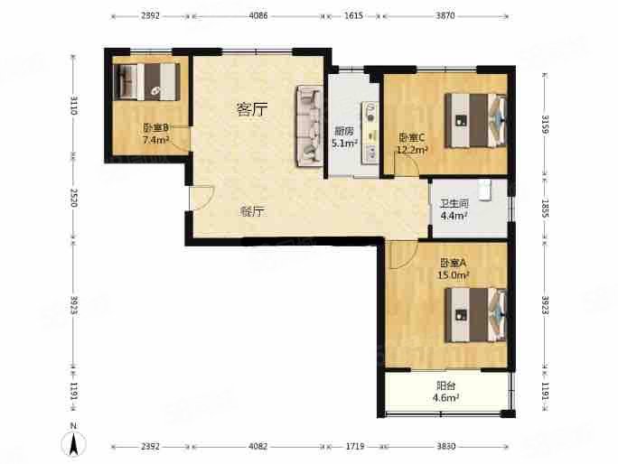 海棠别院(南区)3室1厅1卫99.41㎡南北156万