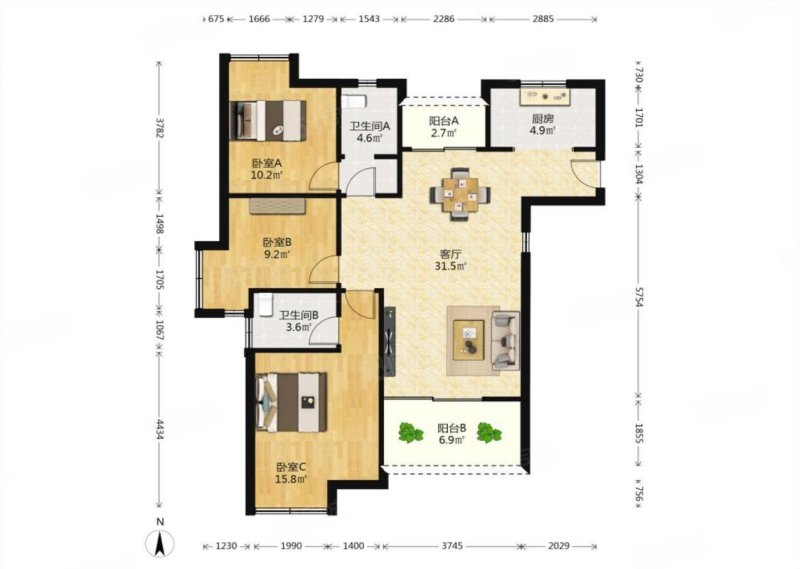 容州港九城二期3室2厅2卫109.38㎡南59.5万