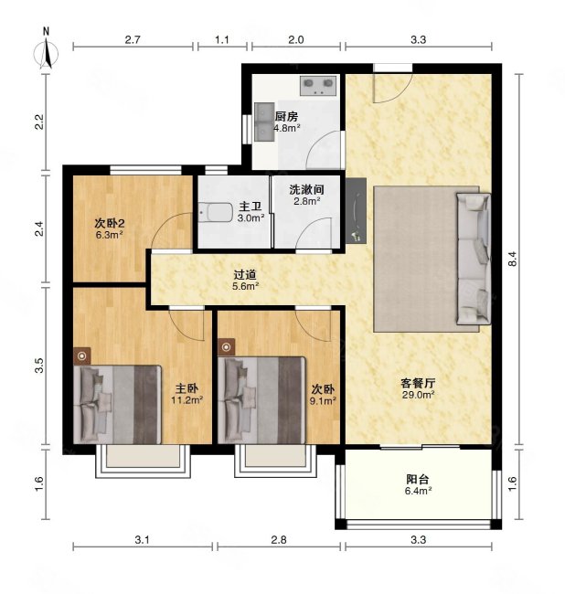 北华壹号3室2厅1卫100.68㎡南北110万